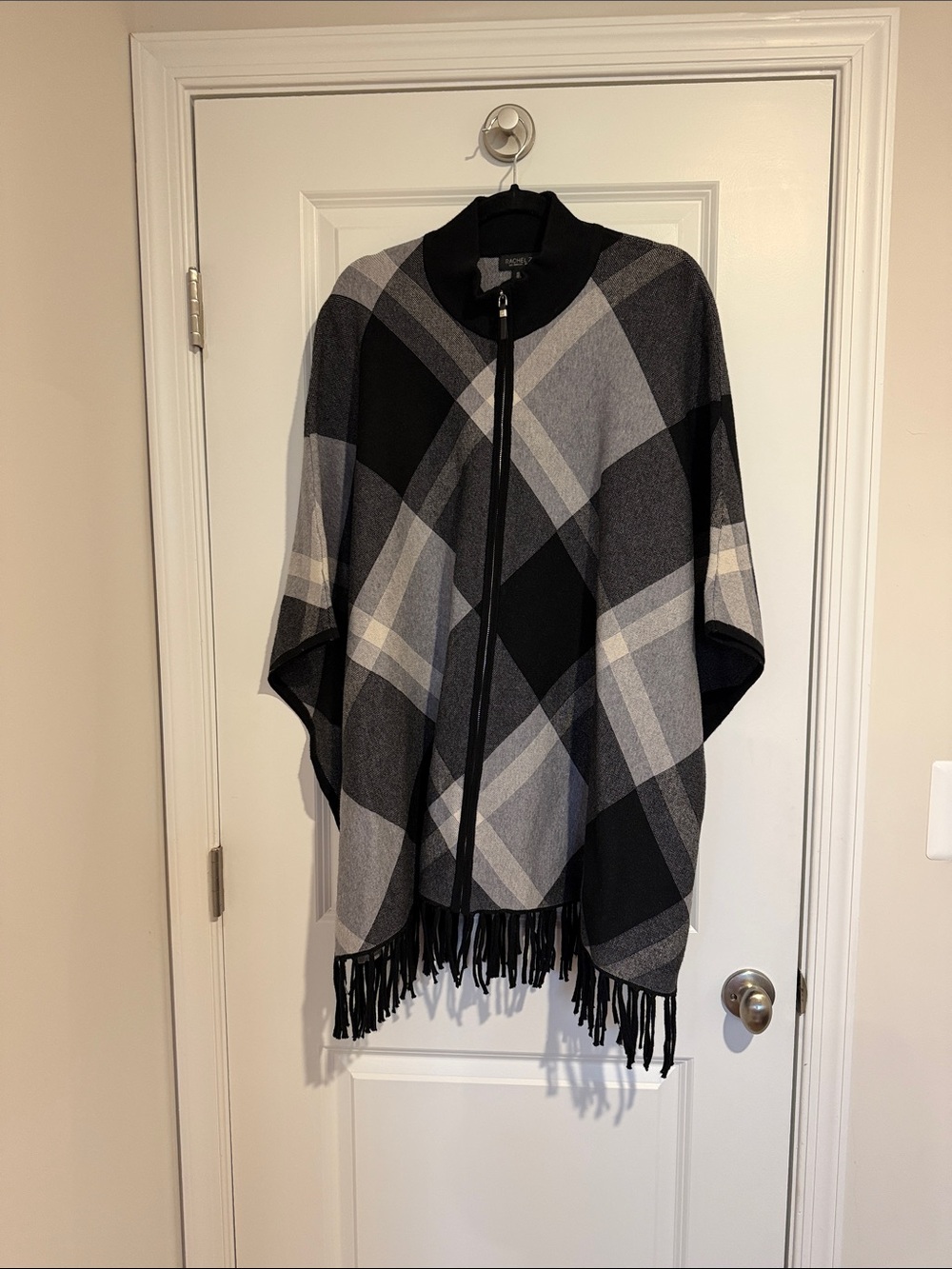 Rachel Zoe Charcoal and Light Gray Check Poncho - Picture 2 of 6
